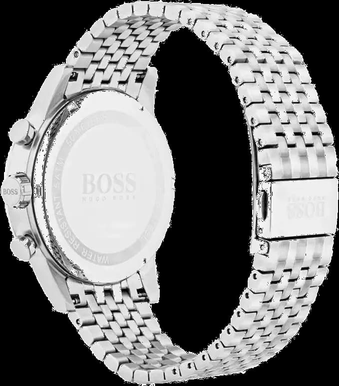 Visage cadran Hugo Boss 1513498 aux index bâtons polis et aiguilles dauphine squelettées sur fond bleu électrique