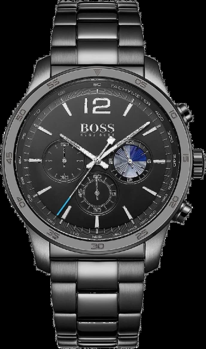 Garde-temps Hugo Boss 1513528 affichant cadran noir soleillé avec compteurs chronographe et aiguilles luminescentes