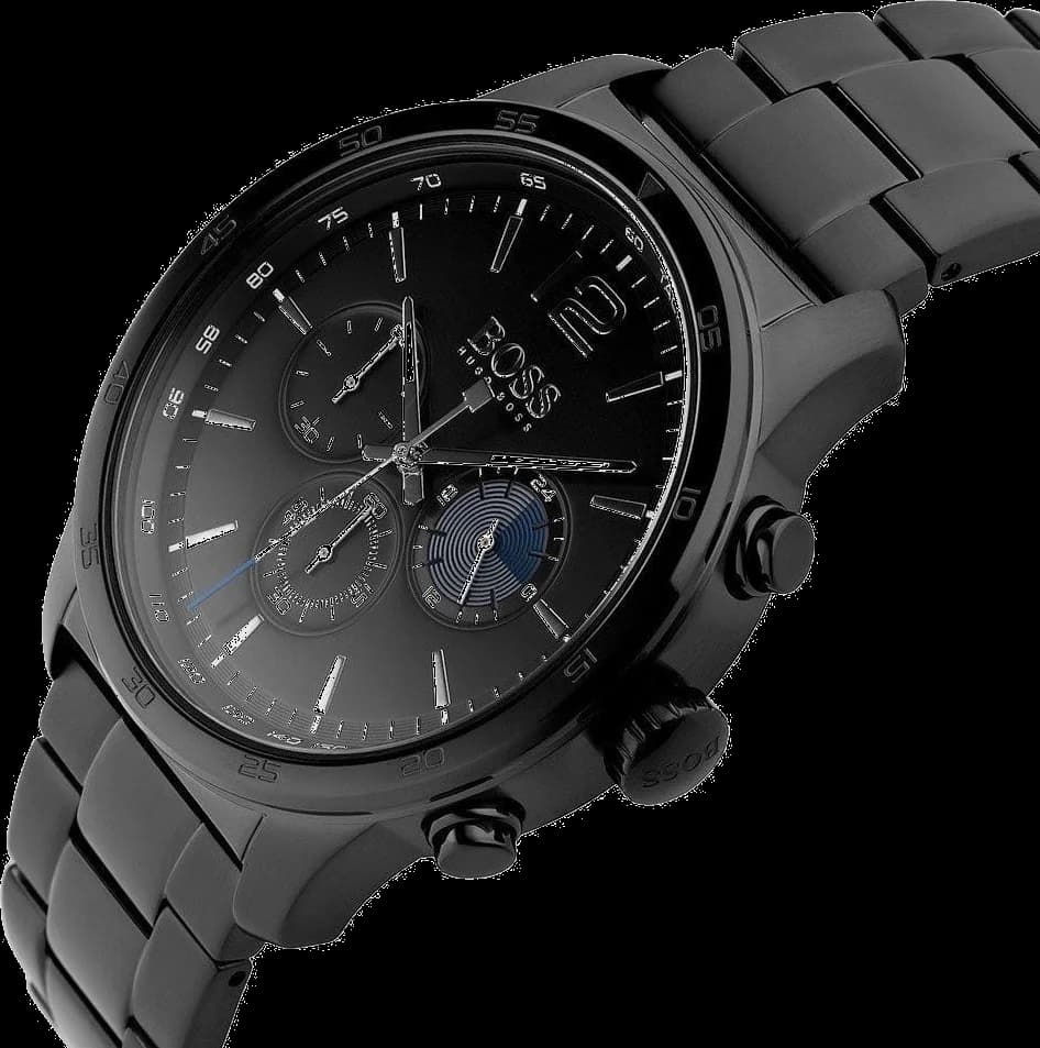 Visage cadran Hugo Boss 1513528 dévoilant index bâtons appliqués, aiguilles squelette et guichet date à 4h30