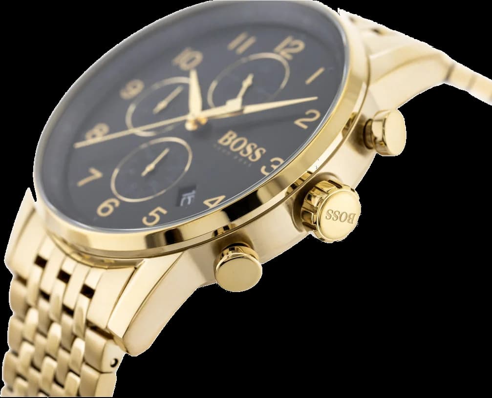 Visage cadran Hugo Boss 1513531 avec index bâtons et chiffres arabes, aiguilles squelette, guichet date à 3h