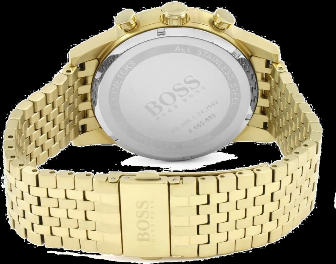 Attache bracelet Hugo Boss 1513531 en acier inoxydable doré PVD, maillons polis et satinés, fermoir déployant double sécurité