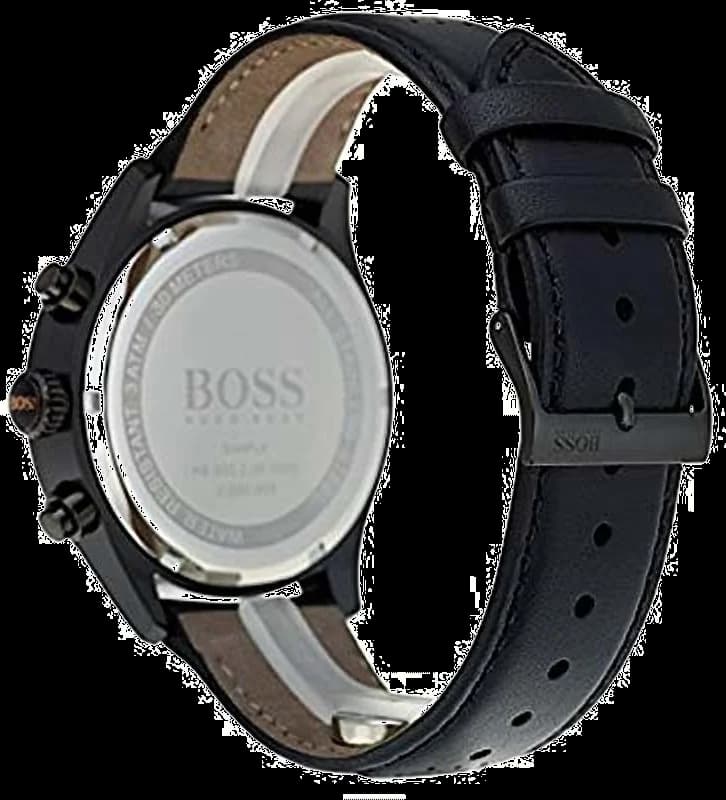 Visage cadran Hugo Boss 1513550 avec index bâtons appliqués, aiguilles dauphines polies et guichet date à 4h30, mouvement quartz chronographe