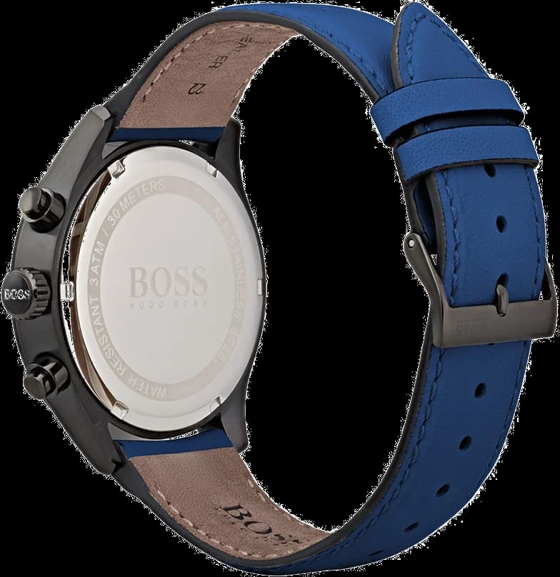 Visage cadran Hugo Boss 1513563 présente index appliqués bâtons et aiguilles luminescentes, chronographe 60 secondes