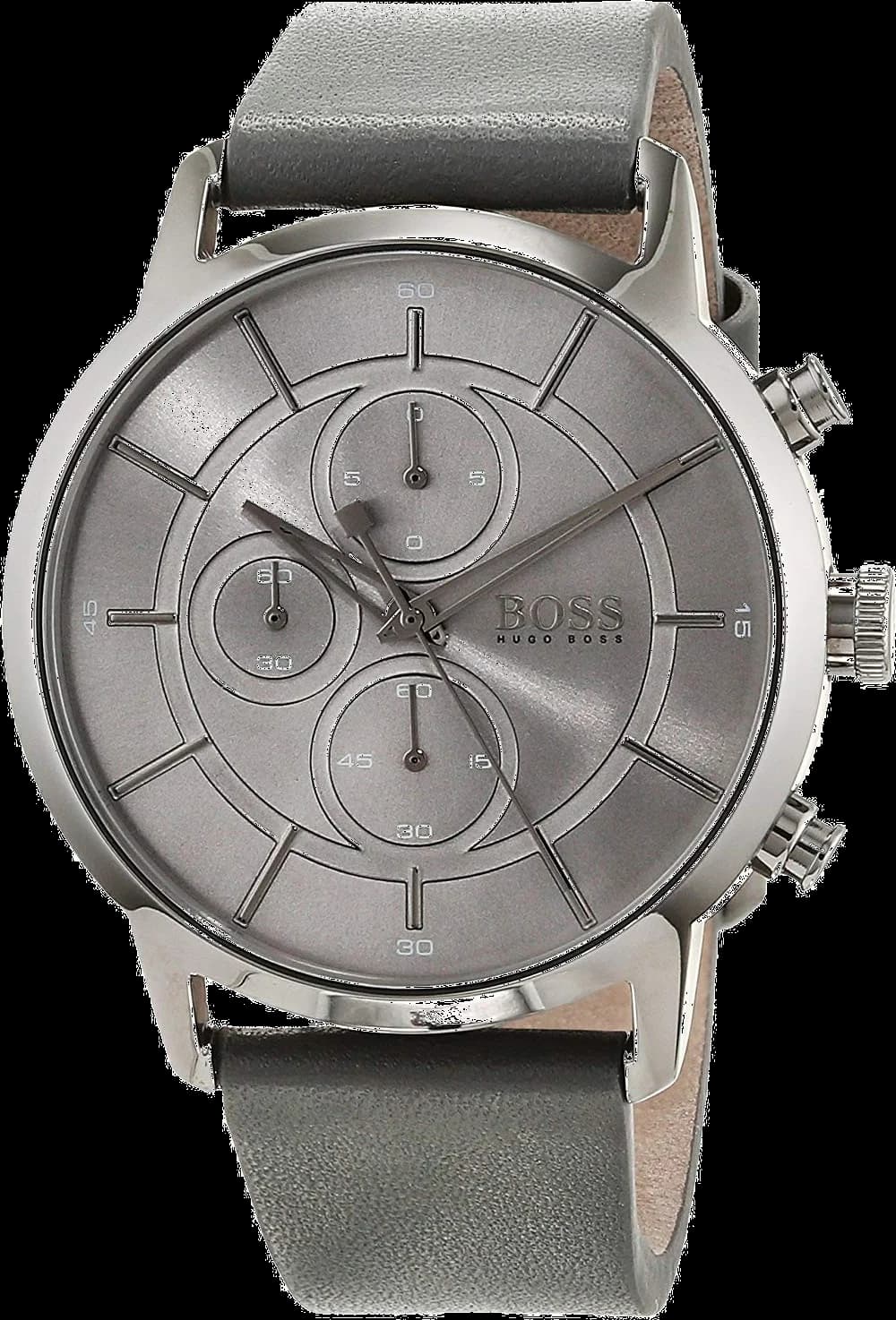 Garde-temps Hugo Boss 1513570 au cadran gris soleillé, compteurs noirs et aiguilles facettées argentées, style sport-élégant contemporain