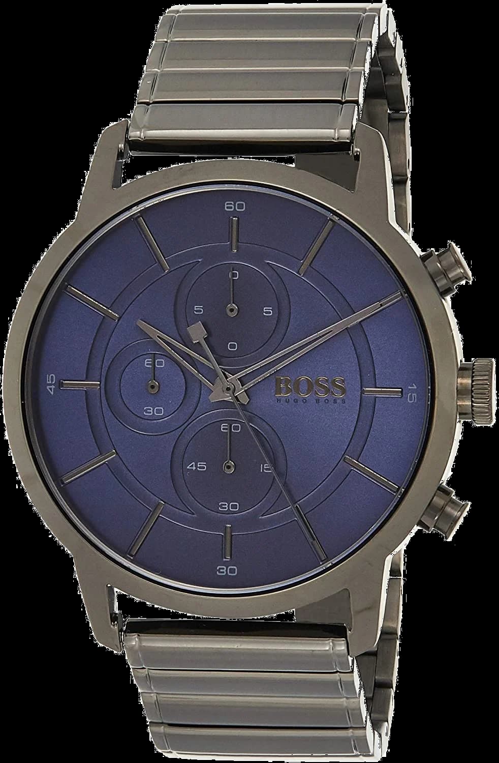 Garde-temps Hugo Boss 1513574 au boîtier acier 43mm et cadran bleu soleil, mouvement quartz chronographe Ronda
