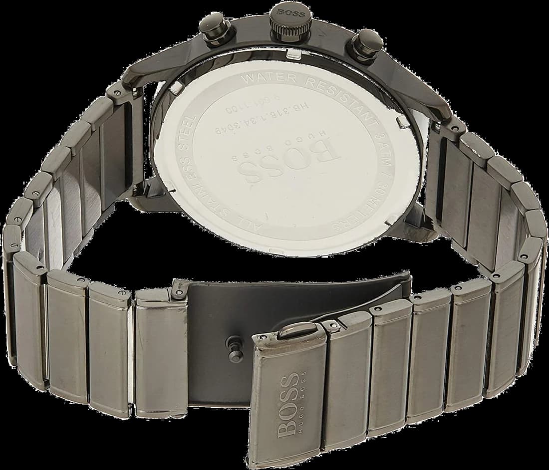 Attache bracelet Hugo Boss 1513574 en acier brossé avec fermoir déployant triple, maillons solides et ajustement confortable