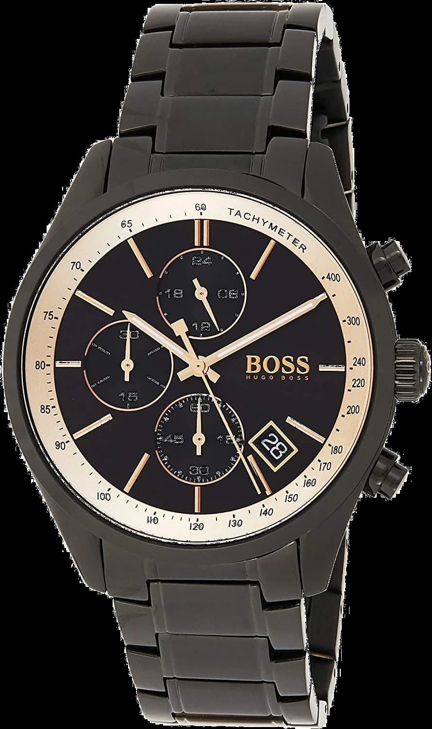 Garde-temps Hugo Boss 1513578 avec cadran noir soleillé, aiguilles argentées et index bâtons appliqués, style sport-chic