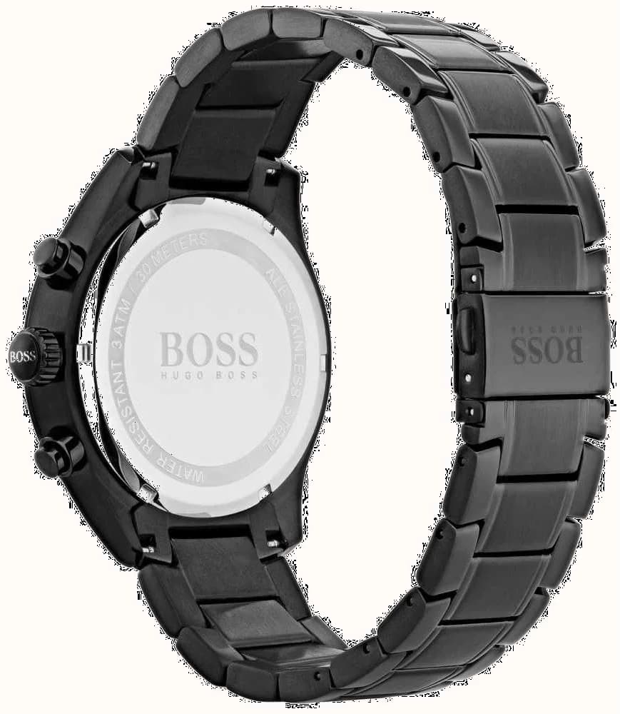 Visage cadran Hugo Boss 1513578 présentant index arabes et bâtons luminescents, aiguilles squelette, date à 4h30, contraste noir et blanc