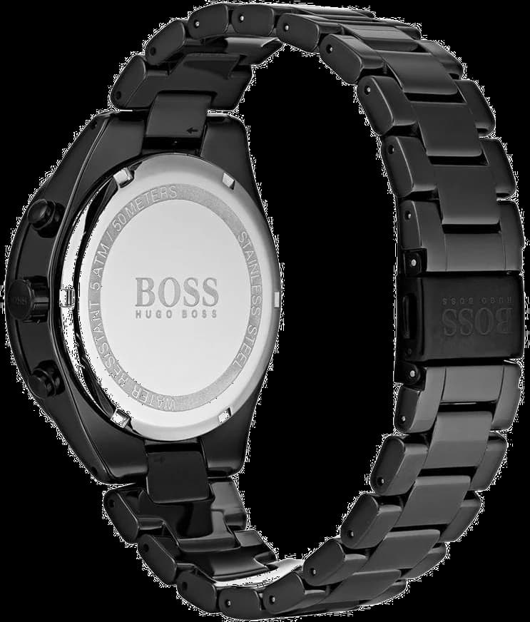 Attache bracelet Hugo Boss 1513581 révélant bracelet acier noir ionique, boucle déployante triple, maillons polis satinés alternés