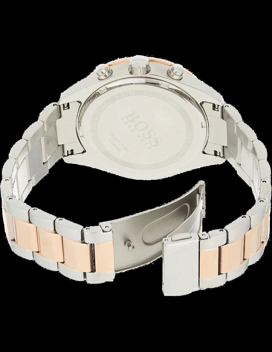 Visage cadran Hugo Boss 1513584 dévoile index appliqués argentés, aiguilles luminescentes et totalisateurs blancs sur fond noir