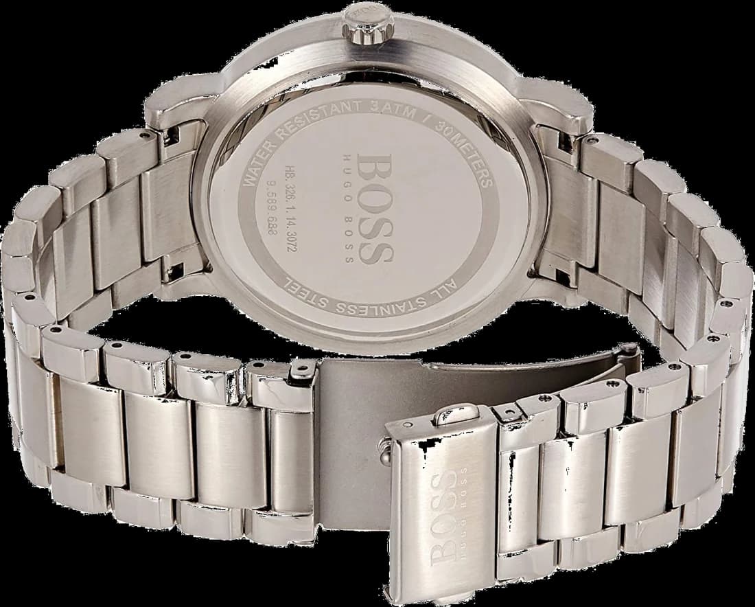 Visage cadran Hugo Boss 1513597 affiche index bâton polis, aiguilles rhodiées, guichet date à 3h, fond bleu soleillé
