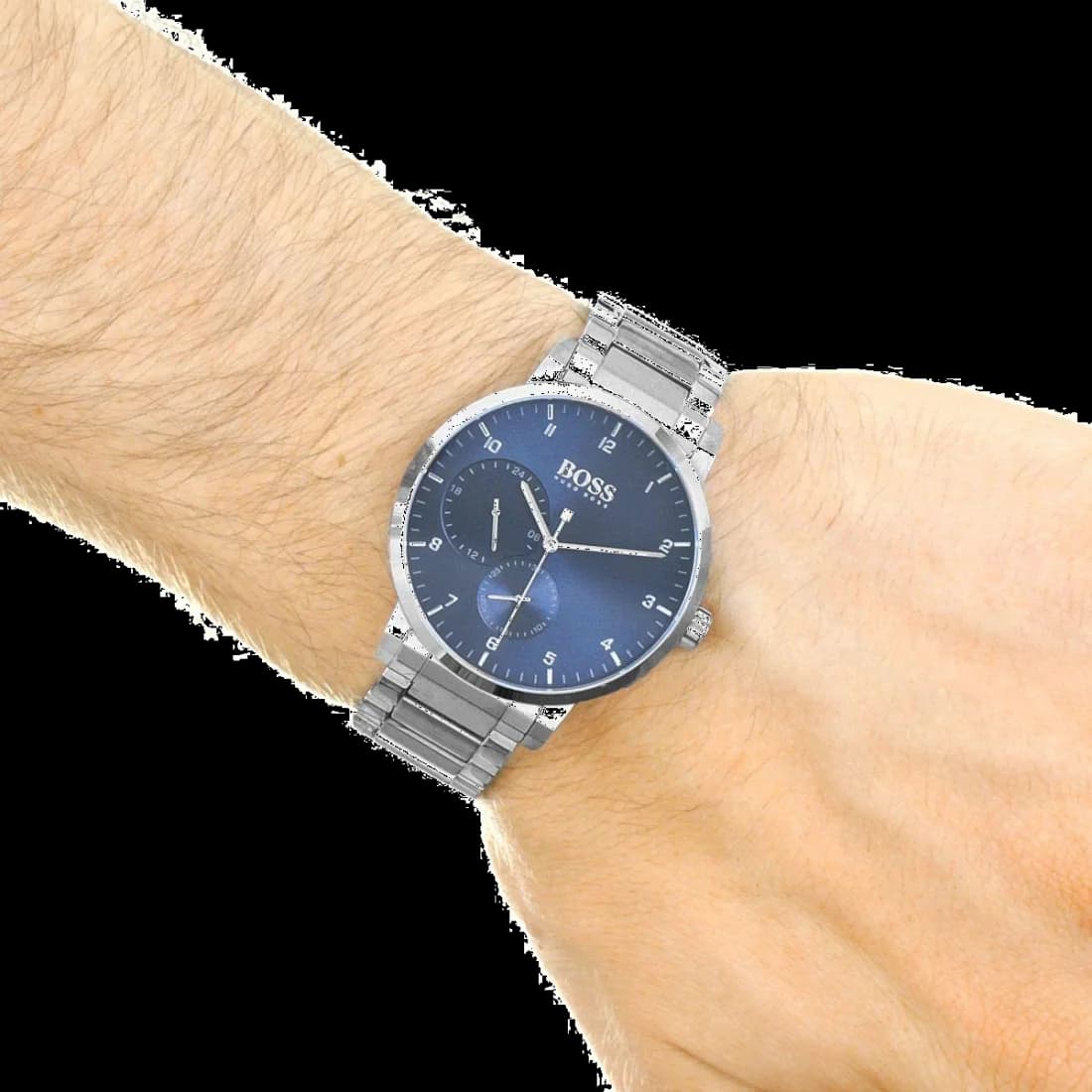 Attache bracelet Hugo Boss 1513597 en acier inoxydable brossé, fermoir déployant triple, maillons ajustables