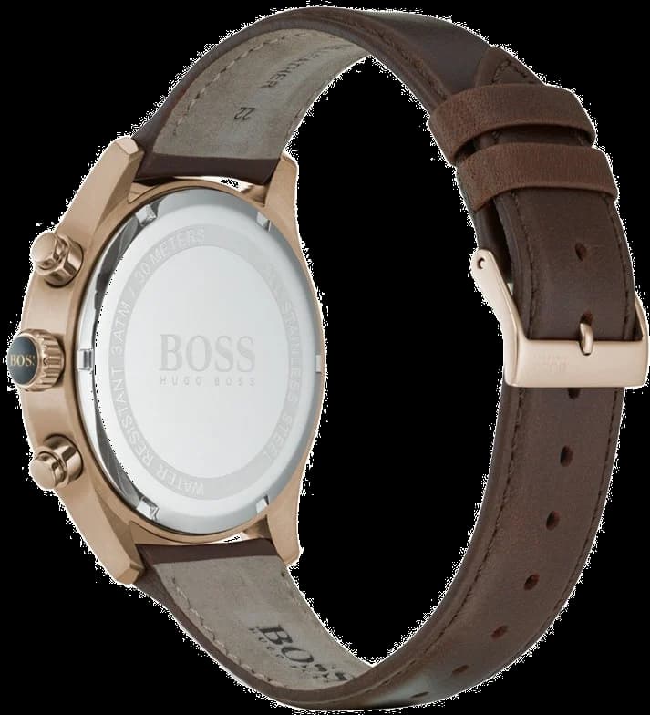 Visage cadran Hugo Boss 1513604 dévoile compteurs chronographe noirs et aiguilles luminescentes sur fond azuré