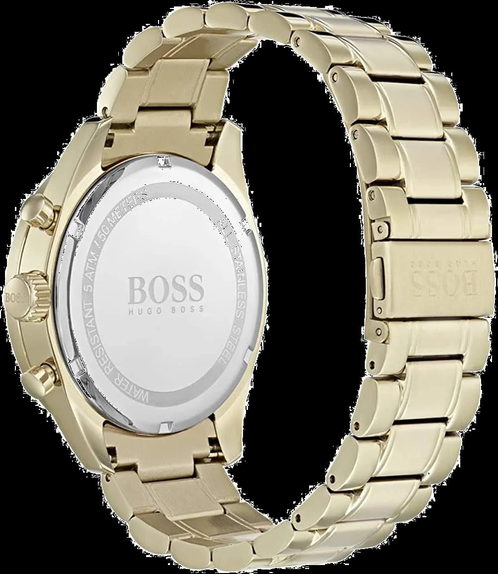 Visage cadran Hugo Boss 1513631 aux aiguilles dauphine dorées et date à 3h sur fond argenté