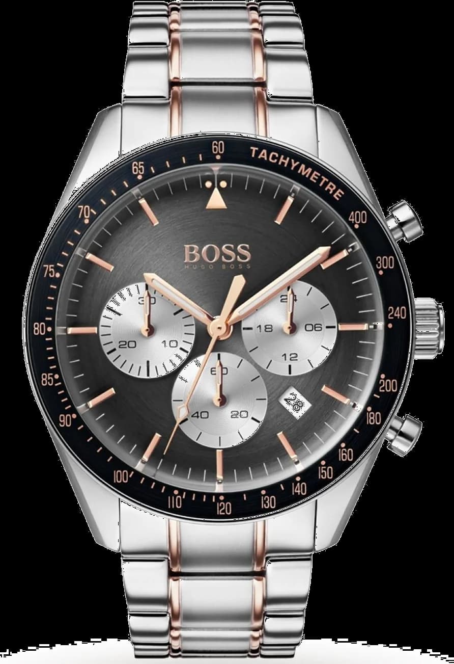 Montre Hugo Boss Trophy 1513634 Homme - Cadran Gris 44mm, Bracelet Acier Bi-Ton Or Rose
