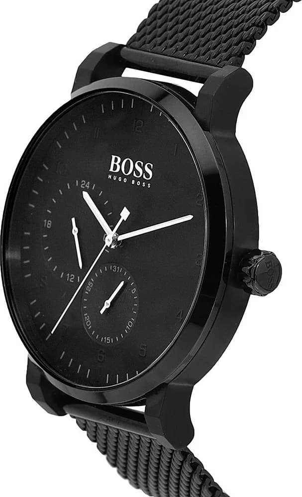 Visage cadran Hugo Boss 1513636 complications date à 3h et aiguilles luminescentes sur fond mat noir