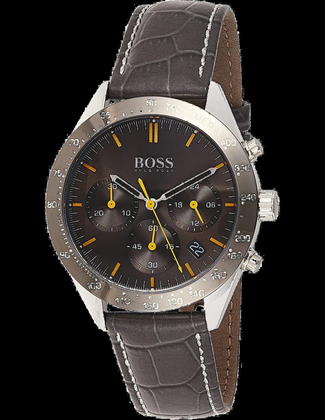 Garde-temps Hugo Boss 1513659 arborant un cadran noir soleil avec compteurs chronographe et guichet date à 4h30, aiguilles argentées et index bâtons appliqués