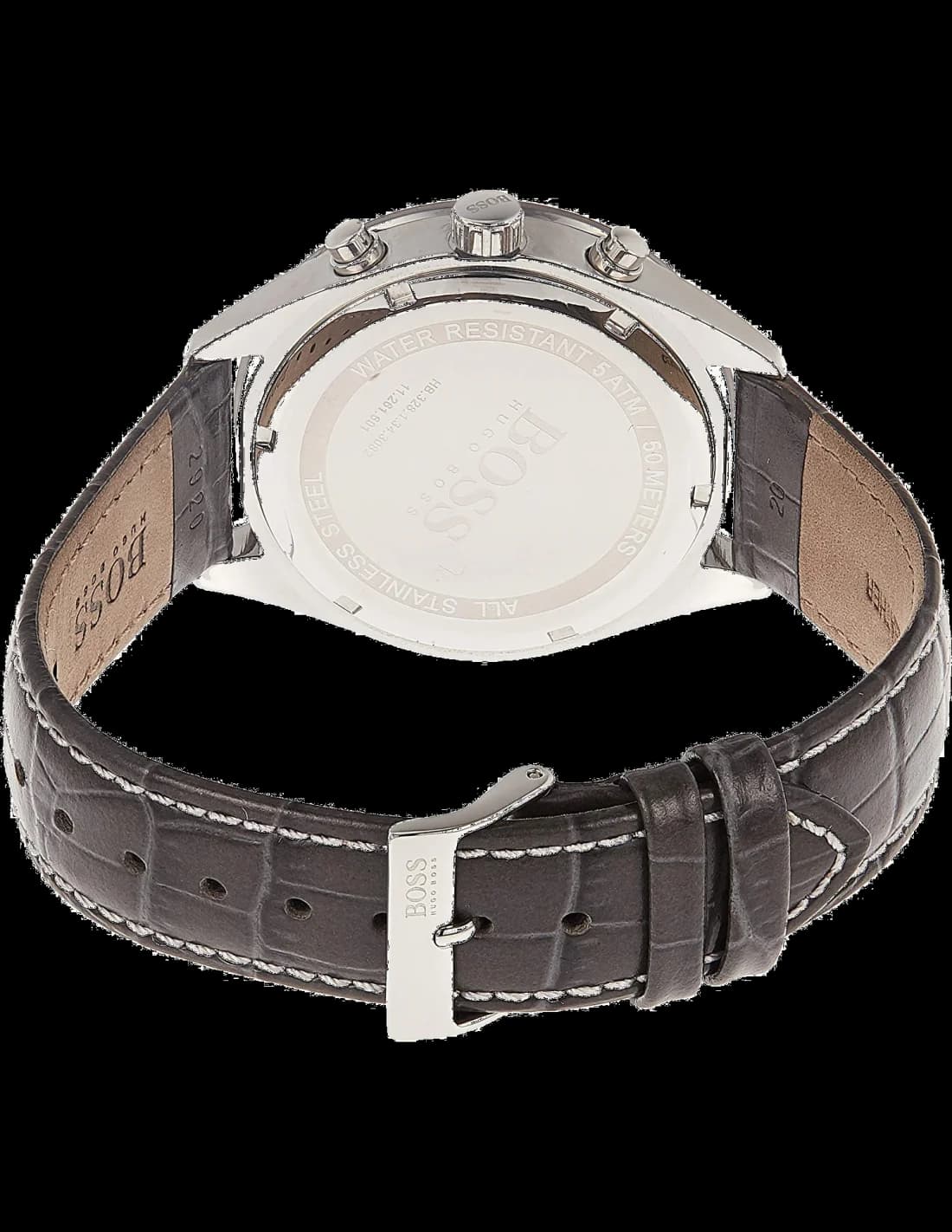 Attache bracelet Hugo Boss 1513659 en cuir noir grainé avec coutures apparentes, fermoir déployant acier inoxydable signé, largeur 22mm, épaisseur confortable