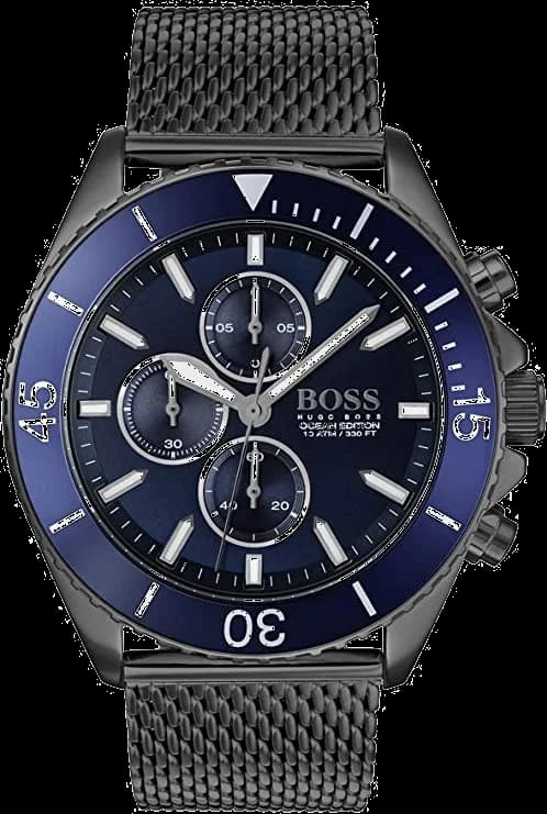 Garde-temps Hugo Boss 1513702 au cadran bleu soleil avec index appliqués et aiguilles bâtons luminescents