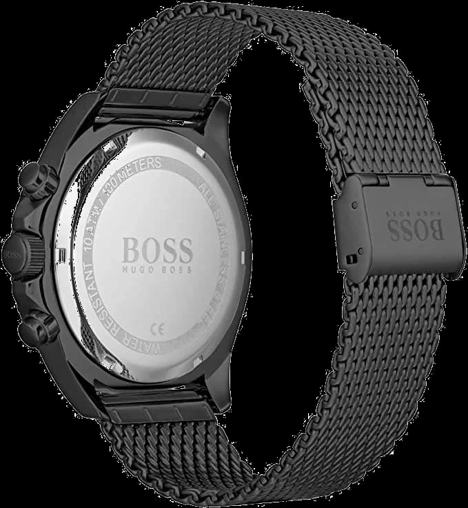 Attache bracelet Hugo Boss 1513702 en maille milanaise noire avec fermoir déployant signé Hugo Boss