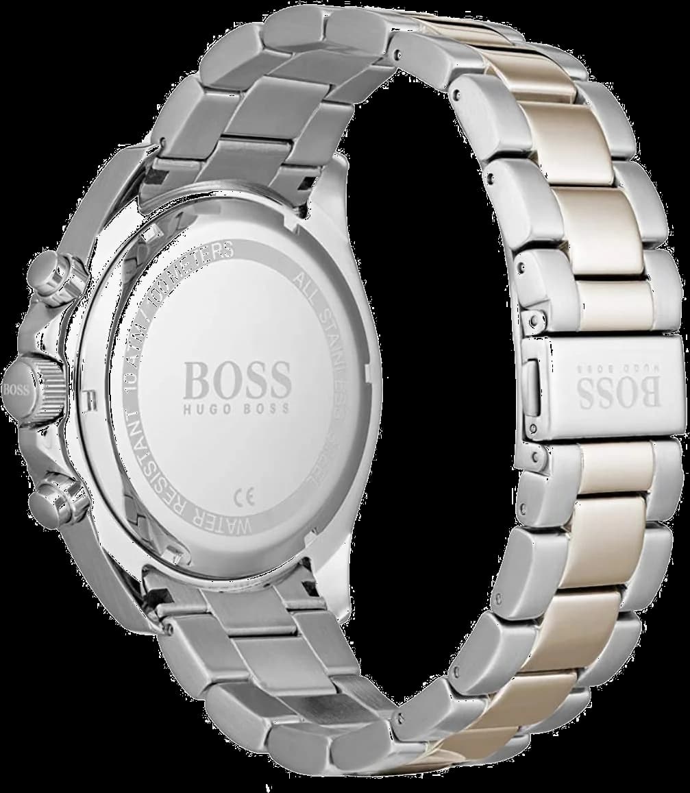 Visage cadran Hugo Boss 1513705 dévoilant index bâtons polis, aiguilles dauphine et guichet date à 3h