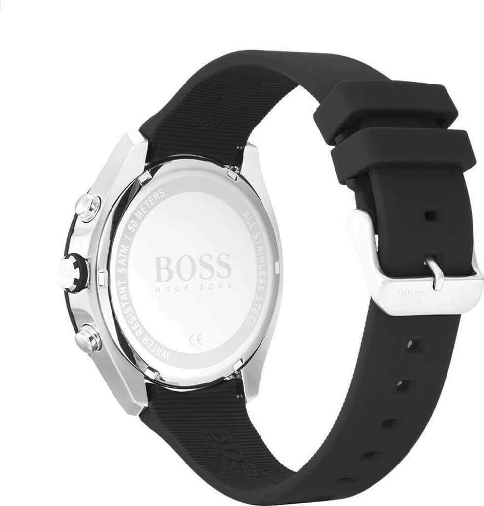 Visage cadran Hugo Boss 1513716 avec index appliqués bâtons et chiffres romains, guichet date à 4h30, aiguilles squelette