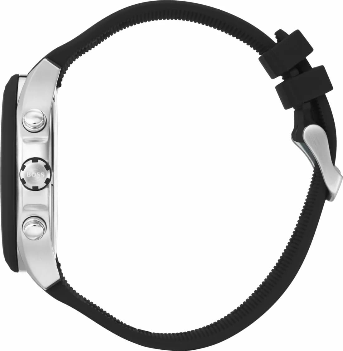 Attache bracelet Hugo Boss 1513716 en silicone noir texturé, fermoir déployant double sécurité avec poussoirs, gravure logo