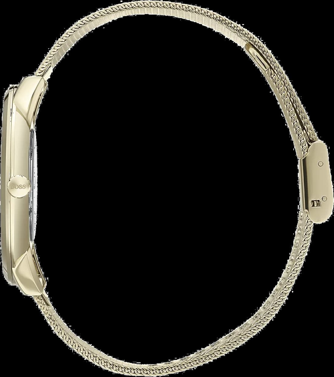 Attache bracelet Hugo Boss 1513735 en acier doré, maille milanaise ajustable, fermoir déployant double sécurité, finition satinée