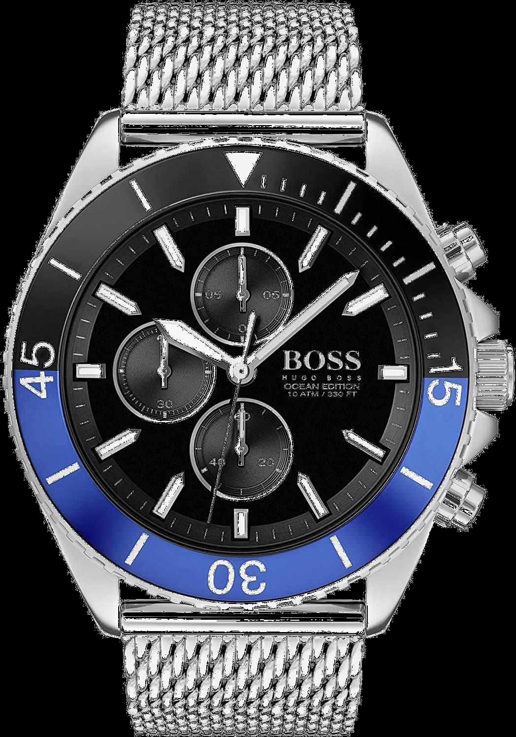Montre Homme Hugo Boss 1513742 Edition Ocean - Cadran Noir, Boîtier Argent, Bracelet Maille Milanaise