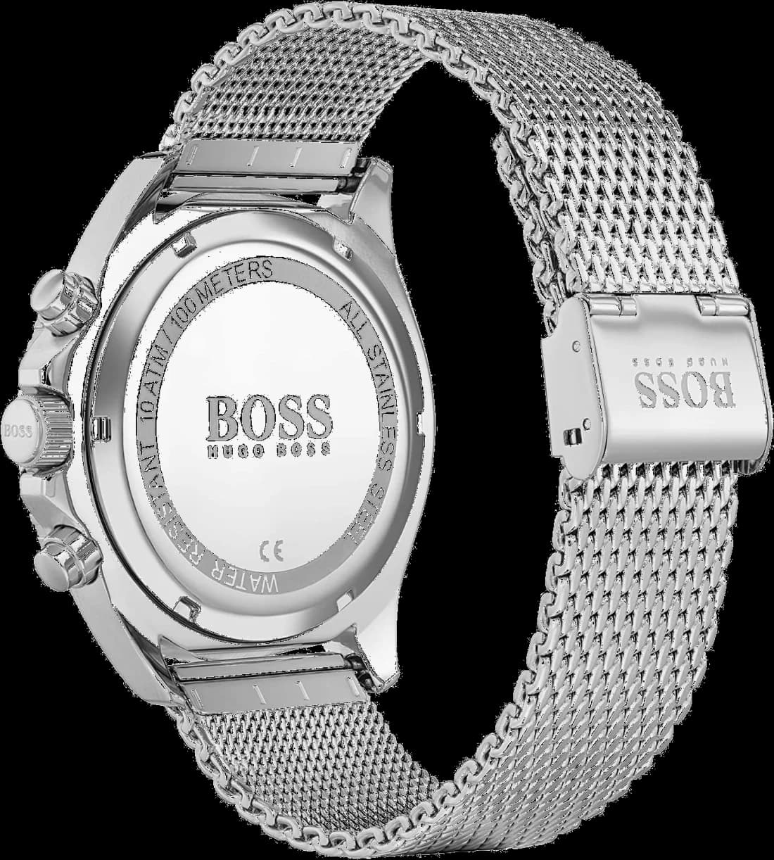Visage cadran Hugo Boss 1513742 avec index appliqués et aiguilles bâtons, date à 3h sur fond bleu