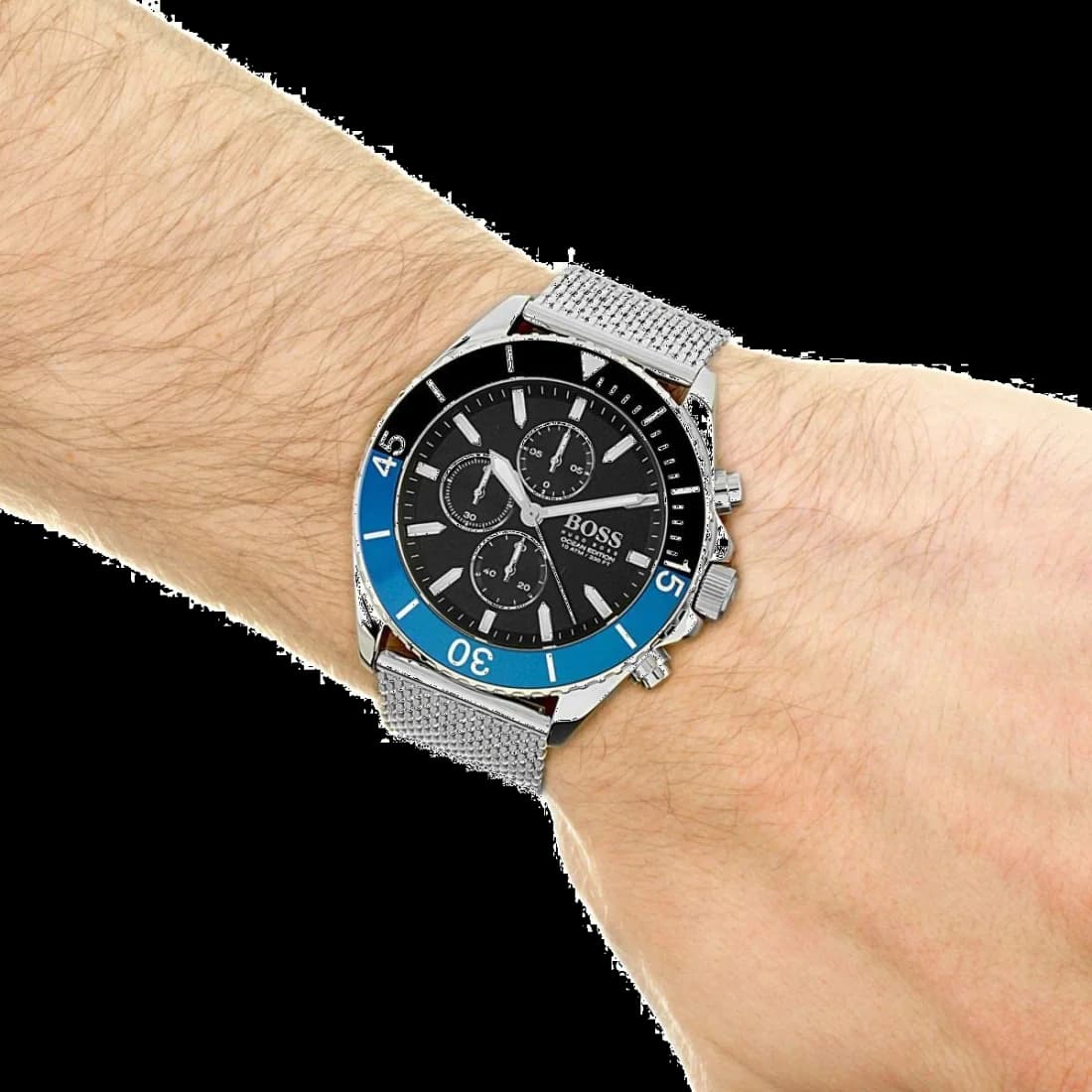 Attache bracelet Hugo Boss 1513742 en maille milanaise acier inoxydable avec fermoir déployant et finition polie