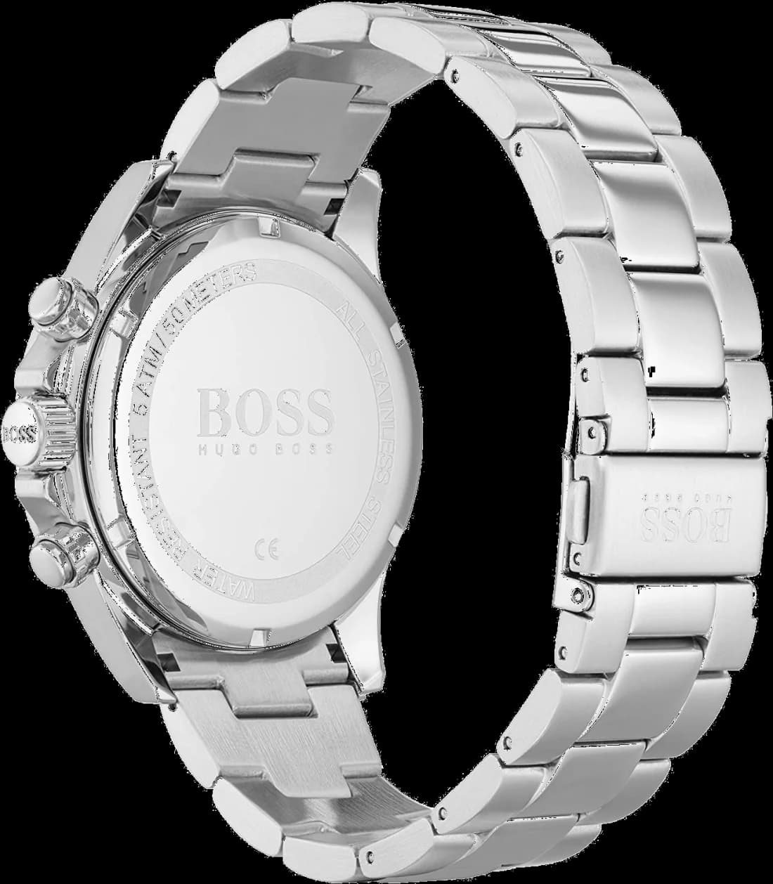 Visage cadran Hugo Boss 1513755 arborant index bâton appliqués, aiguilles trèfle et guichet date à 3h sur fond bleu soleillé