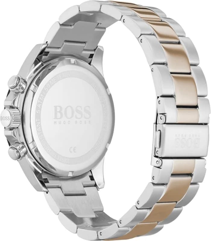 Visage cadran Hugo Boss 1513757 révèle compteurs chronographe sur fond argent, guichet date à 4h30 et aiguilles luminescentes