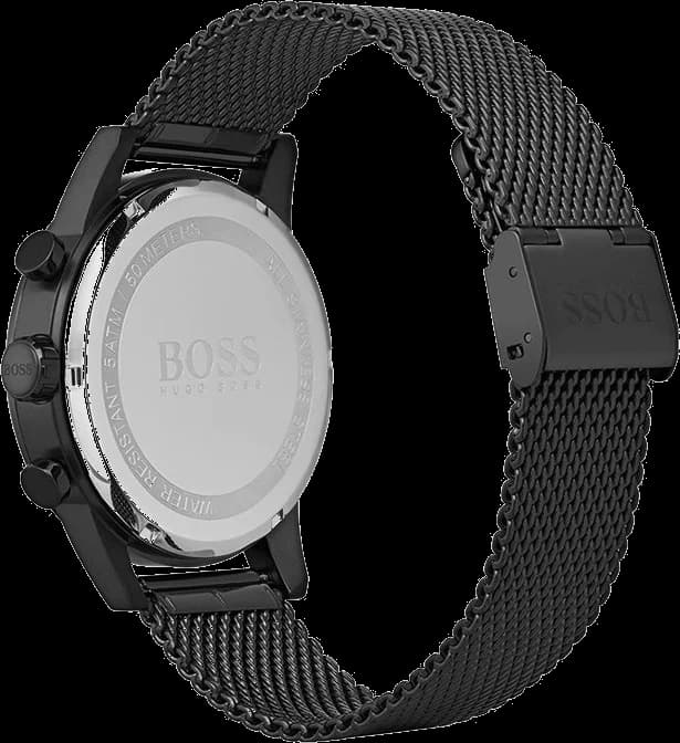 Visage cadran Hugo Boss 1513769 détail des aiguilles polies, date à 3h, index argentés sur fond bleu