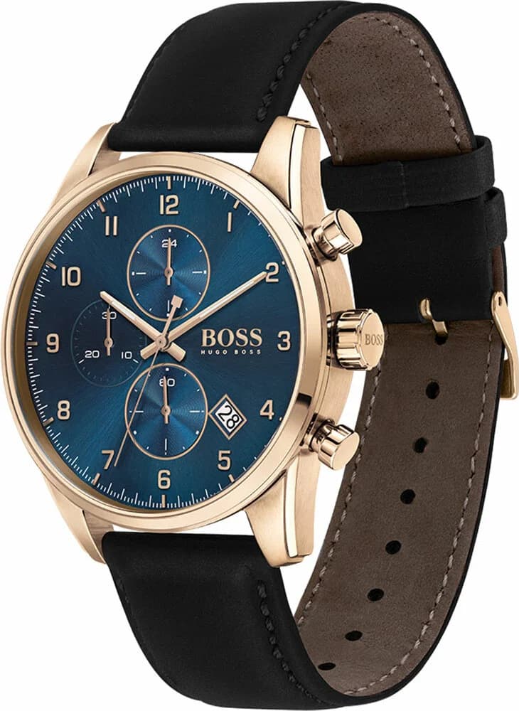 Visage cadran Hugo Boss 1513783 affiche index bâton argentés, aiguilles dauphine, fenêtre date à 3h, contraste sur fond bleu