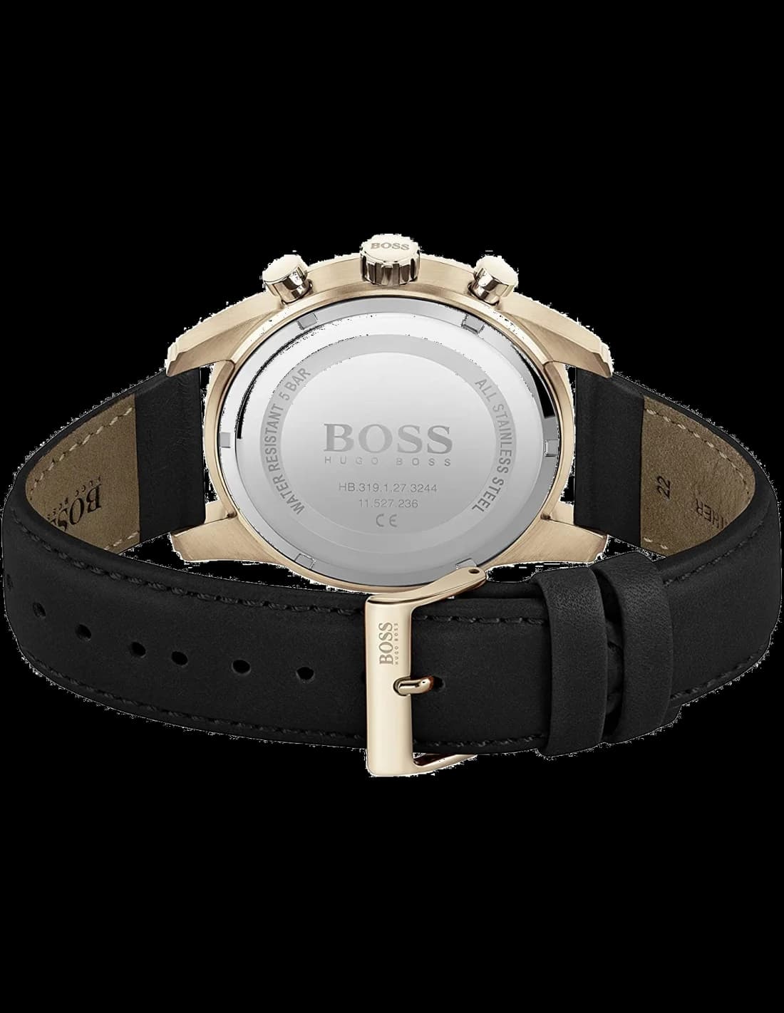 Attache bracelet Hugo Boss 1513783 en cuir noir cousu, boucle ardillon en acier, grain fin et souple, confort au poignet