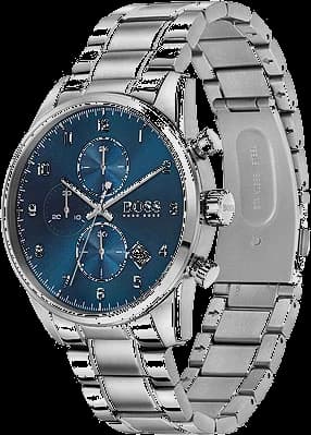 Garde-temps Hugo Boss 1513784 avec cadran bleu soleil, trois compteurs chronographe et date à 4h30, aiguilles facettées bâton