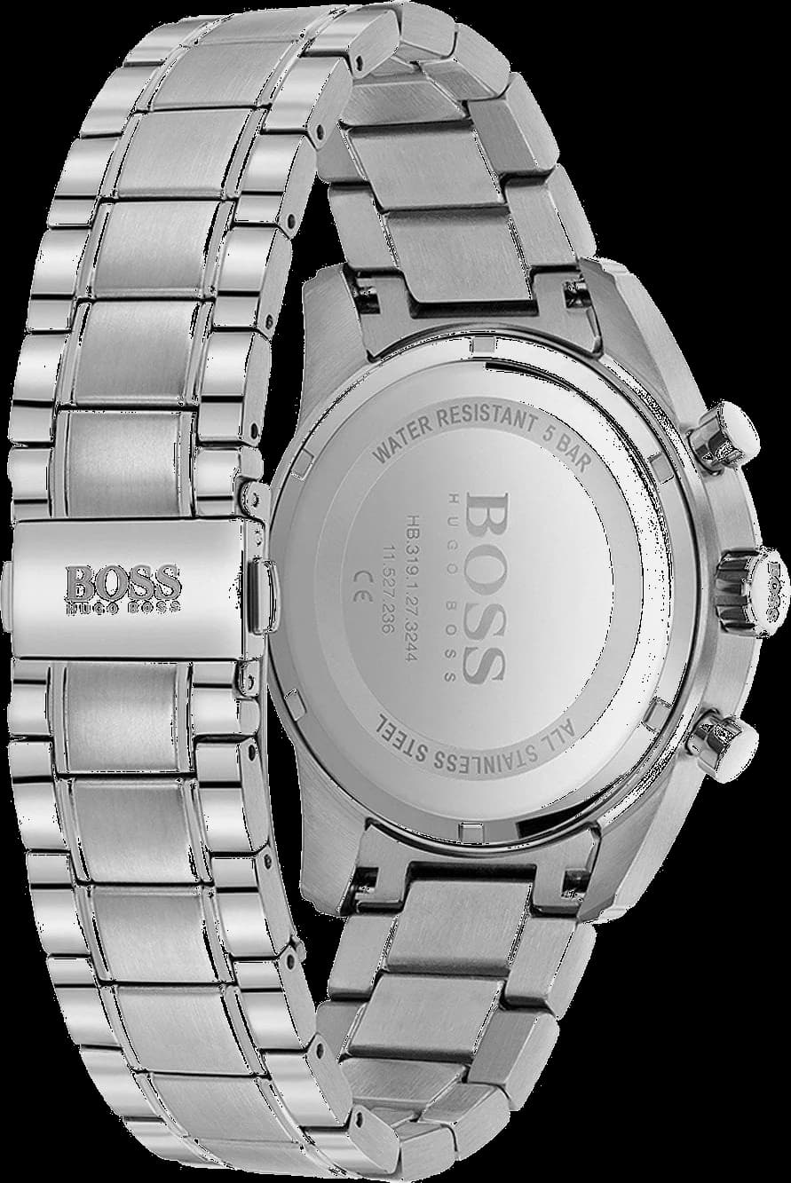 Visage cadran Hugo Boss 1513784 détail des index appliqués argentés, aiguilles luminescentes, compteurs 24h/30min/60sec et guichet date