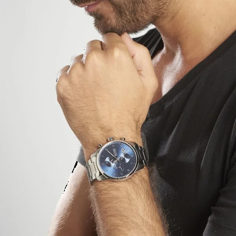 Attache bracelet Hugo Boss 1513784 bracelet acier inoxydable à maillons polis et satinés, boucle déployante avec poussoirs et gravure logo