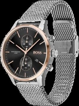 Visage cadran Hugo Boss 1513805 dévoile index appliqués, aiguilles dauphine, date à 3h sur fond noir texturé