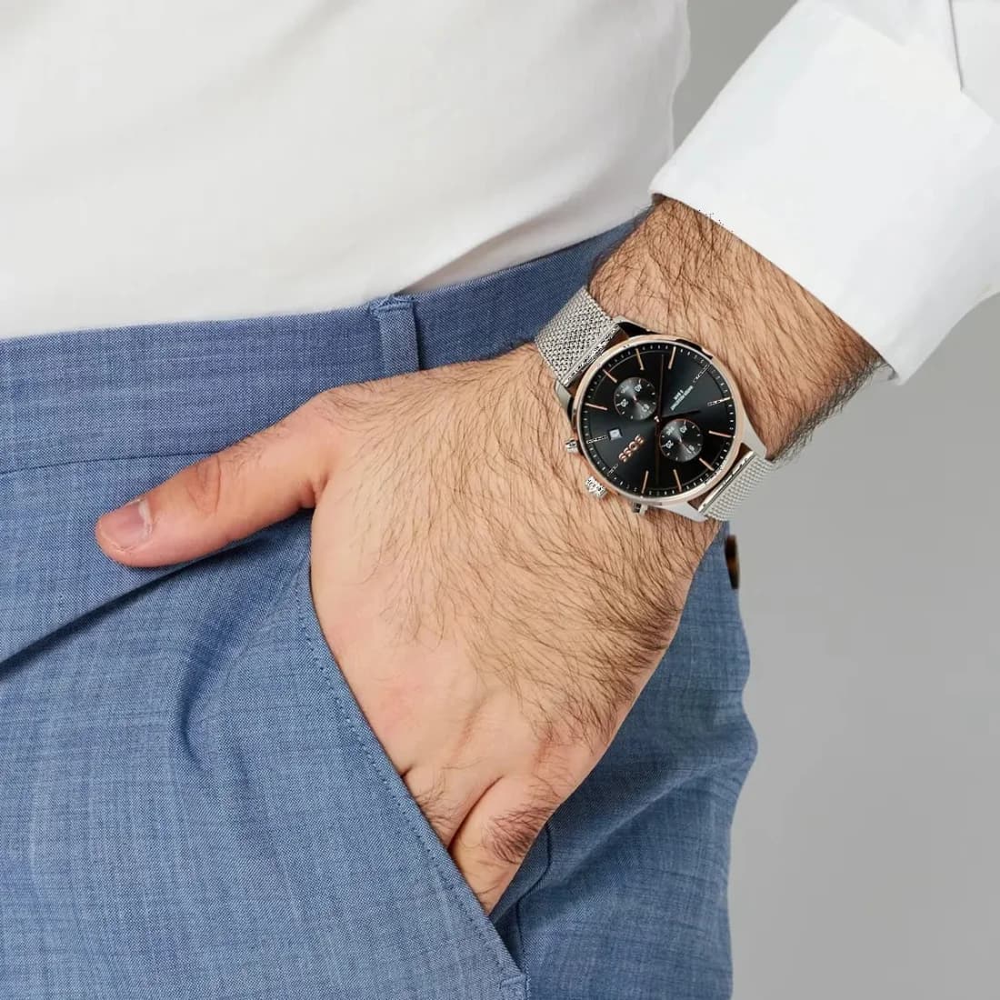 Montre Homme Hugo Boss Associate 1513805, Cadran Noir, Boîtier Argent, Bracelet Maille Milanaise vue 5