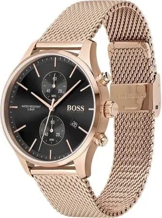 Visage cadran Hugo Boss 1513806 détail des index appliqués et aiguilles dauphine rhodiées, fenêtre date à 3h, mouvement quartz précis