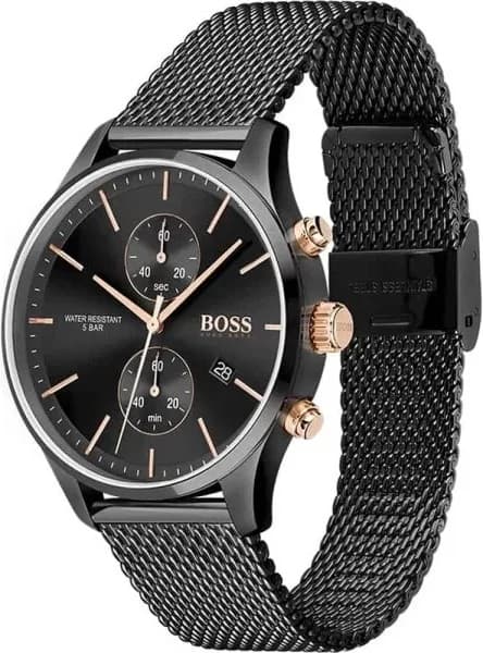 Visage cadran Hugo Boss 1513811 noir soleillé, aiguilles et index argentés, date à 3h, mouvement quartz précis