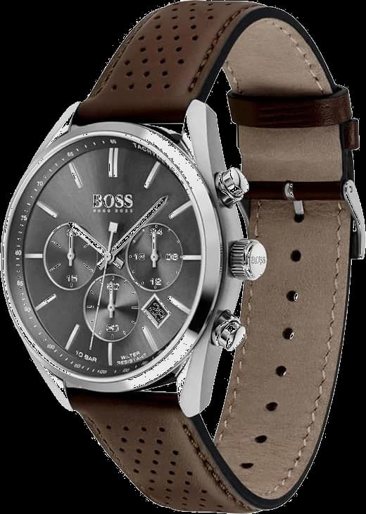 Visage cadran Hugo Boss 1513815 avec compteur chronographe à 6h et guichet date à 3h, index appliques argentés sur fond noir