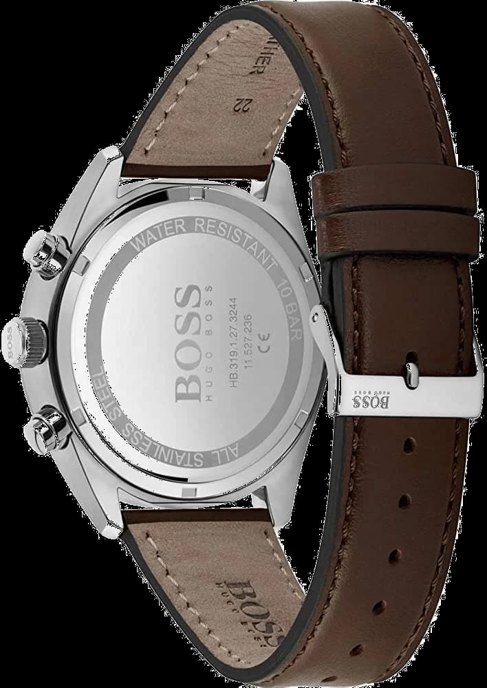 Attache bracelet Hugo Boss 1513815 en cuir perforé marron avec coutures contrastées, fermoir déployant en acier inoxydable gravé Hugo Boss