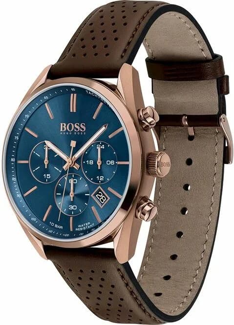 Visage cadran Hugo Boss 1513817 présentant index appliques argentés, aiguilles dauphine, guichet date à 3h, mouvement quartz