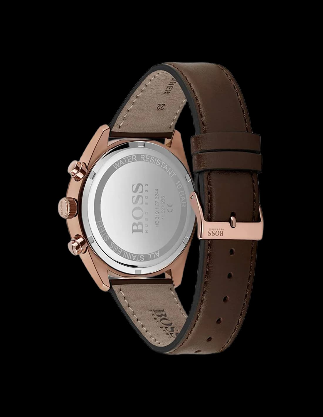 Attache bracelet Hugo Boss 1513817 en cuir perforé marron, coutures contrastées, boucle ardillon en acier inoxydable
