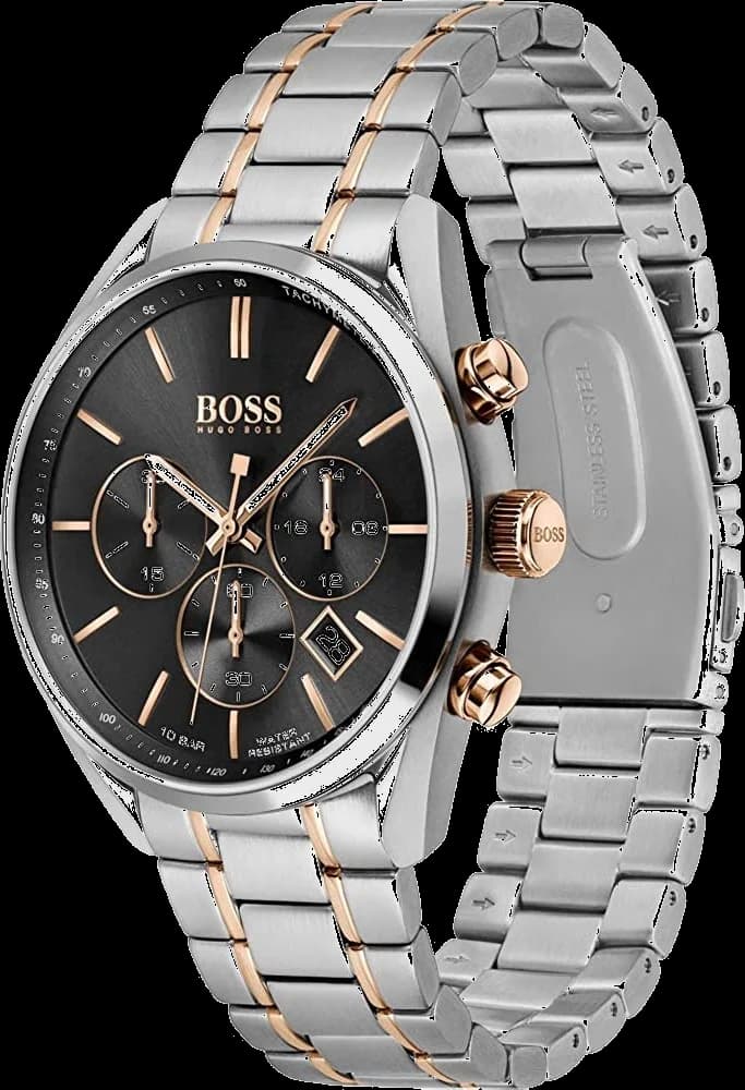 Visage cadran Hugo Boss 1513819 avec index appliqués, aiguilles bâton, guichet date à 4h30 et échelle tachymétrique