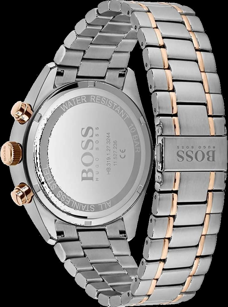 Attache bracelet Hugo Boss 1513819 avec maillons acier bicolore, fermoir déployant triple et boucle signée Hugo Boss