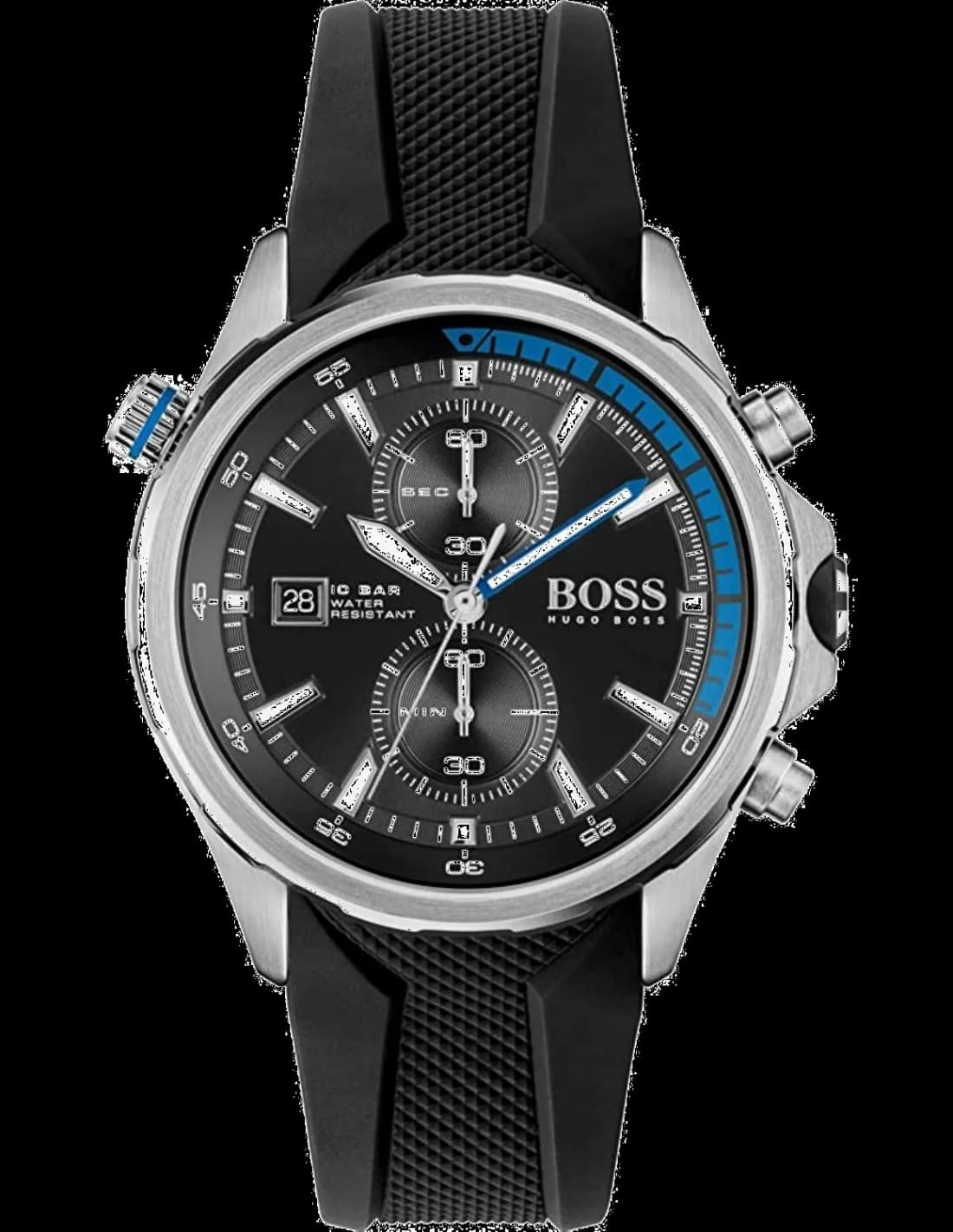 Montre Homme Hugo Boss Globetrotter Marine 1513820 Chronographe Cadran Noir Bracelet Silicone